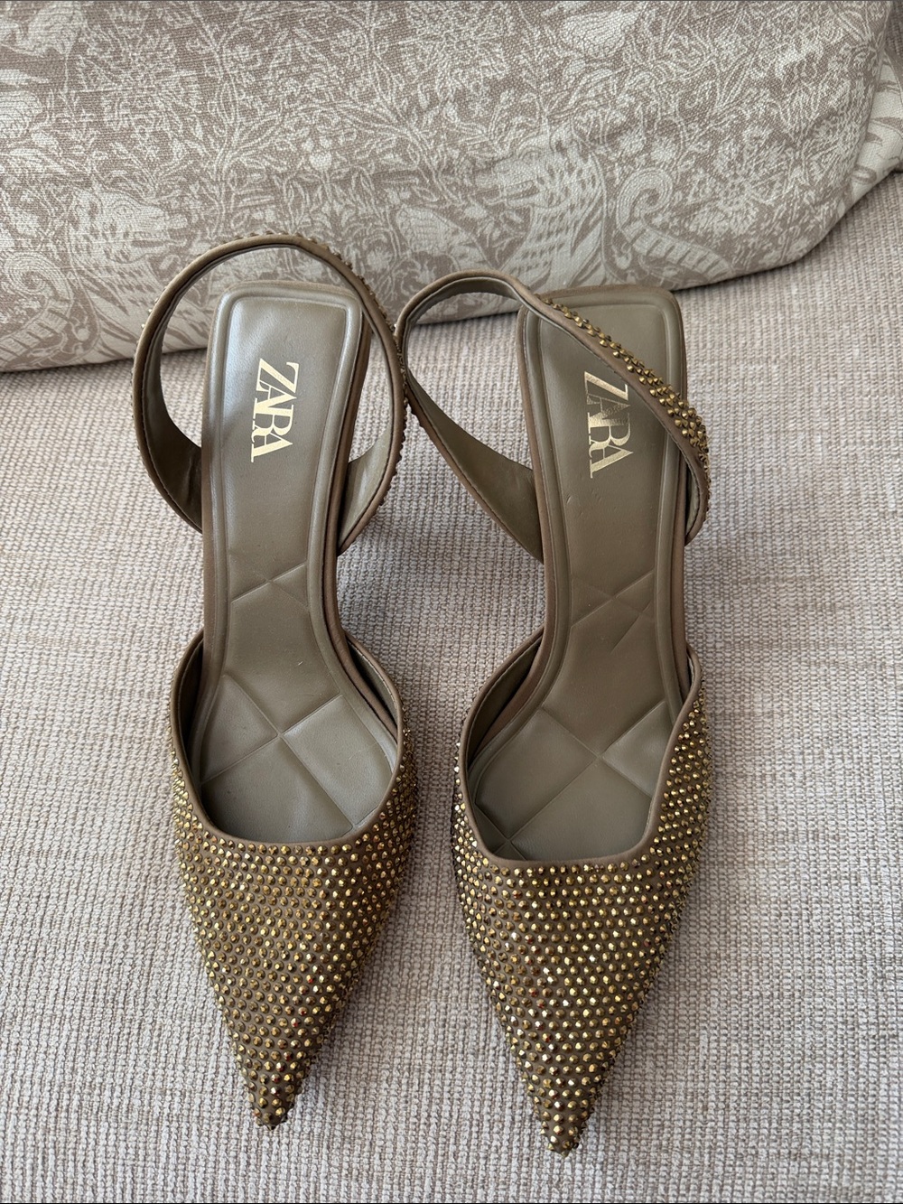Zara Metallic Gold Studded Pointed Slingback Heels NWOT